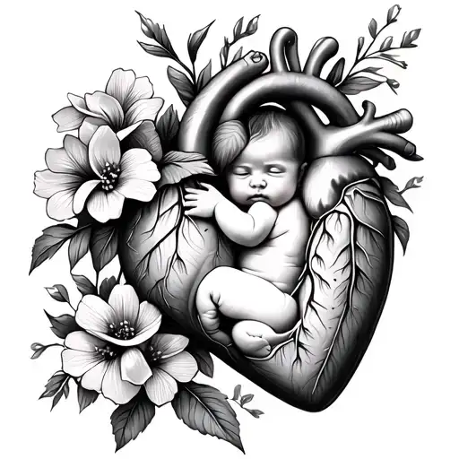 Human Heart With A Baby Inside And Flowers Around