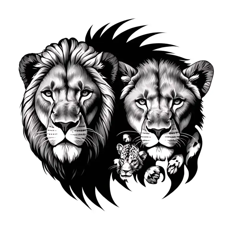 Male Lion Head With 2 Female Lion Heads And One Female Cub Head