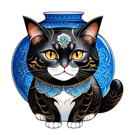 Chinese Inspired Blue And White Ceramic With Cat Image And Fixed With Gold