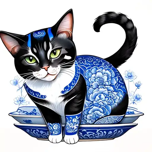 Chinese Inspired Blue And White Ceramic With Cat And Japanese Gold Fixing