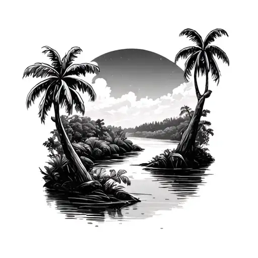 Palm Trees And River Scene