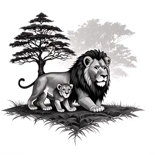 Lion And Cub With A Money Tree Or Land