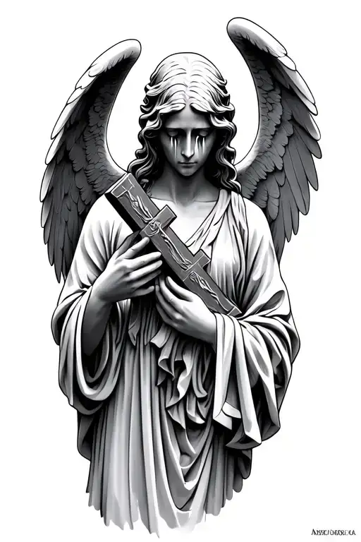 Weeping Angel Holding A Cross Sheading Tears