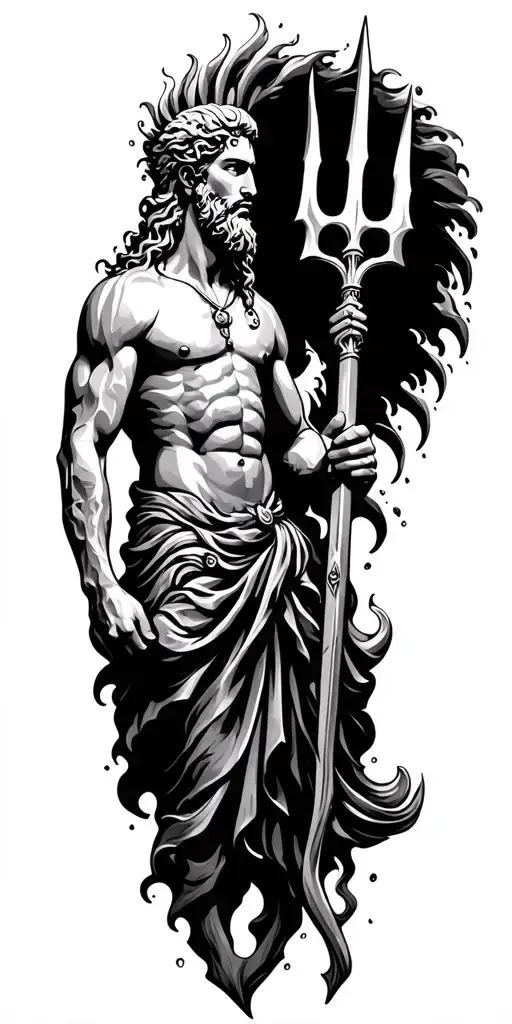 Poseidon Holding Trident Surrounded By Water