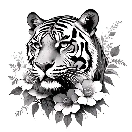 Tiger With Flowers Intertwined