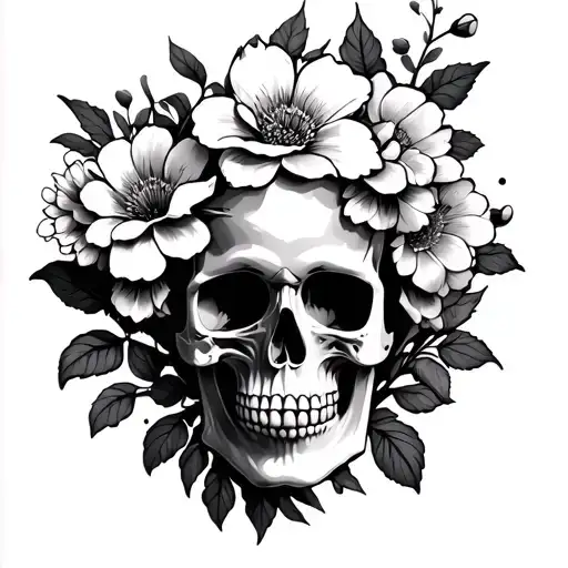 Skull And Flowers Blooming