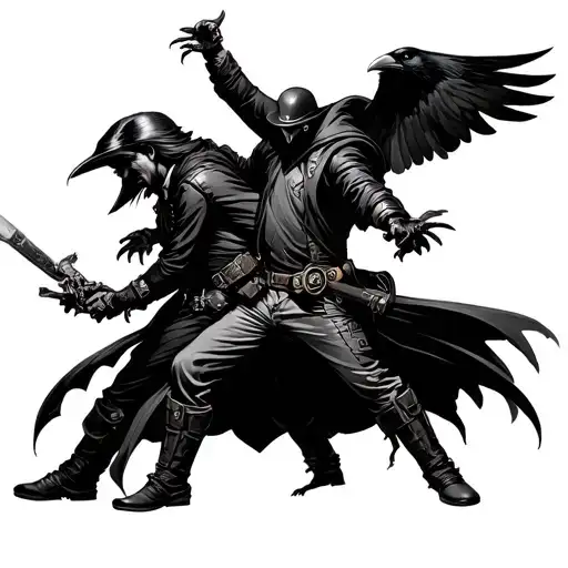 Fight Between A Magician Accompanied By Crow And A Technofile Steampunk Assassin