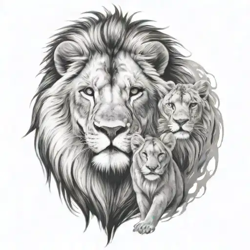 Lion And A Lioness With Cub