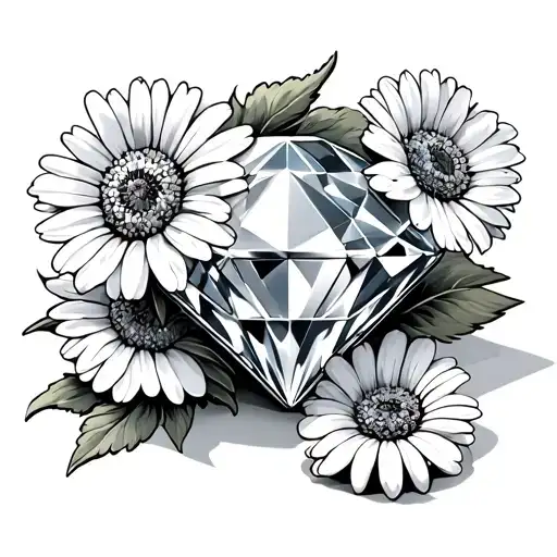 Diamond Laying On Its Side With 2 Daisies And One Poppy Lying Next To It