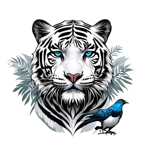 White Tiger With Blue Eyes In A Jungle With A Cardinall Bird And Trojan Horse