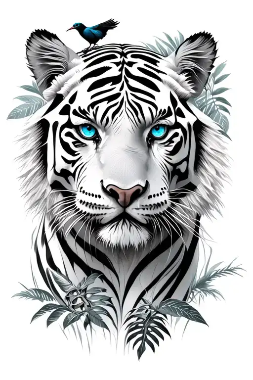 White Tiger With Blue Eyes In A Jungle With A Cardinall Bird And Trojan Horse