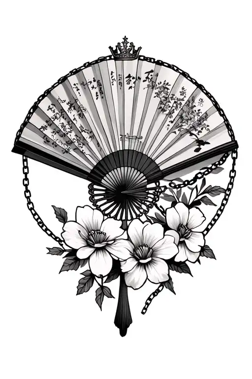 Chinese Fan With Flowers Underneath It And Chain Around The Fan With A Tiny Crown