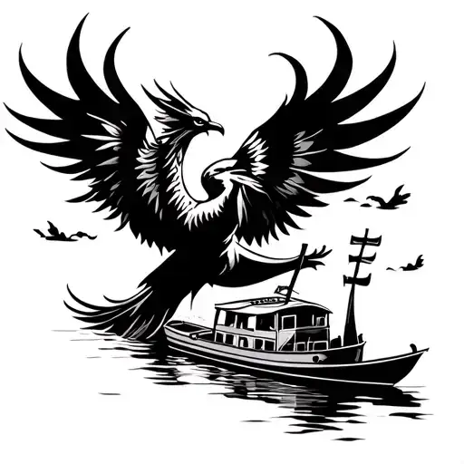Simple Tribal Tattoo Of Phoenix Holding A Scroll Flying Over Canal With Canal Boat