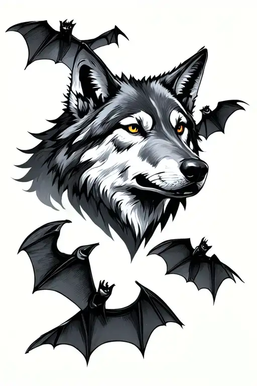 Wolf Head With Bats Flying