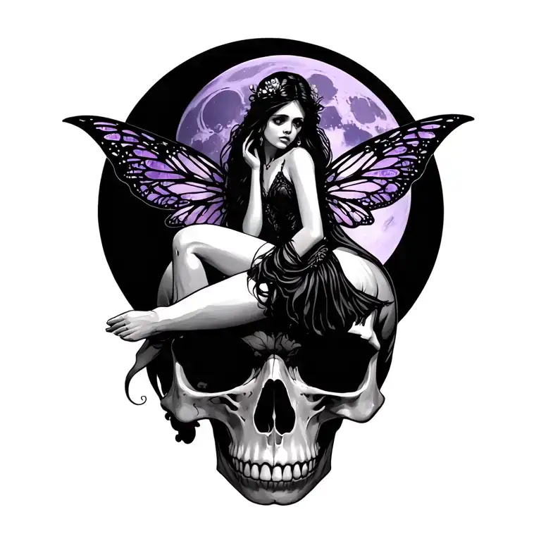 Fairy Sitting On A Skull With Purple Moon Backdrop