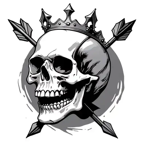 Skull With Crown And Three Arrows Pointing Down And Left