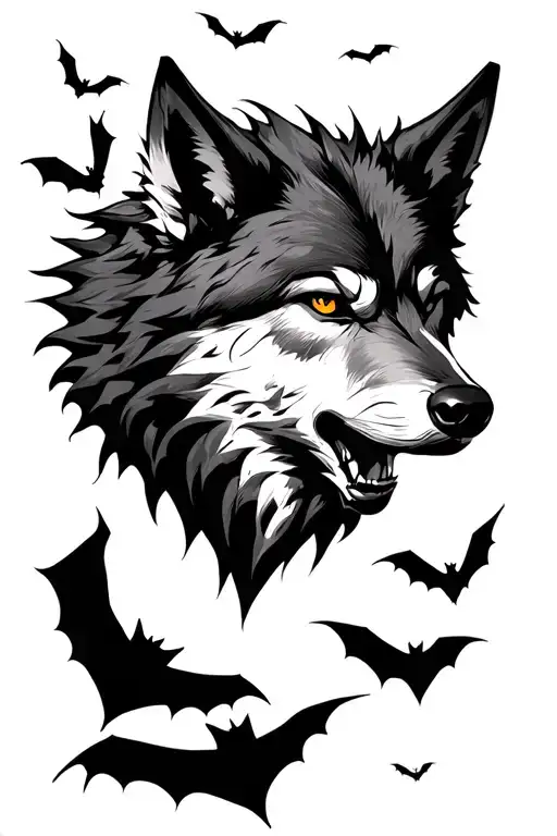 Wolf Head With Bats Flying Out Of The Fur