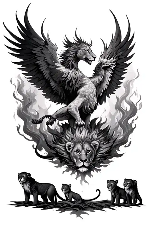 Phoenix Rising From The Ashes Combined With Lioness And 3 Cubs
