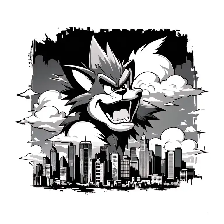 Baltimore Skyline In Graffiti Style With Crash Bandicoot Laughing In The Clouds Above The Skyline