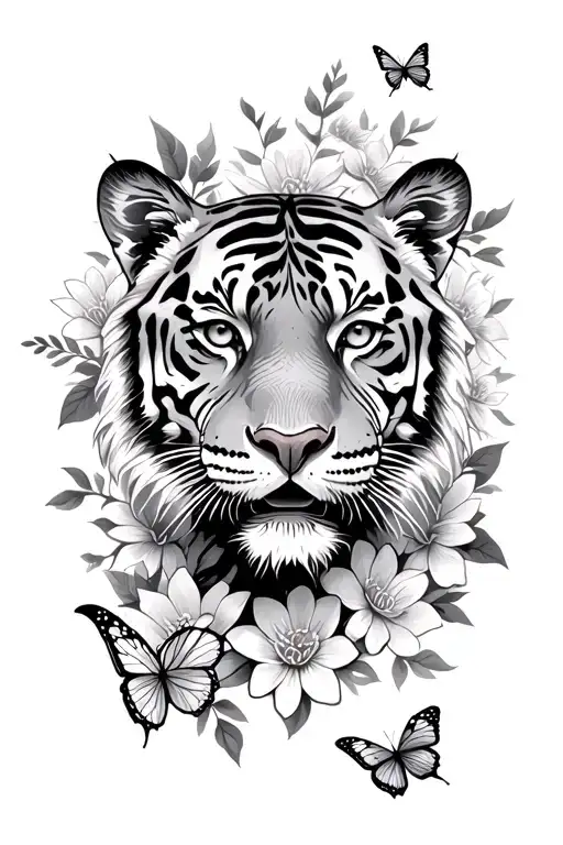 Tiger Head Surrrounded By Flowers And Butterflies Fluttering