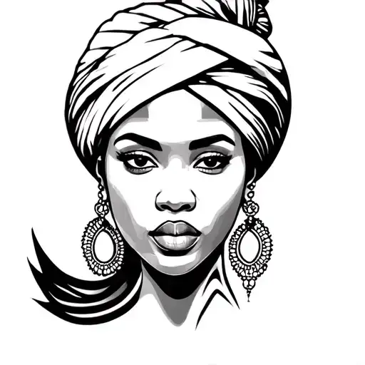 Stencil Tattoo African Woman With Turban And Piercing In Black And White