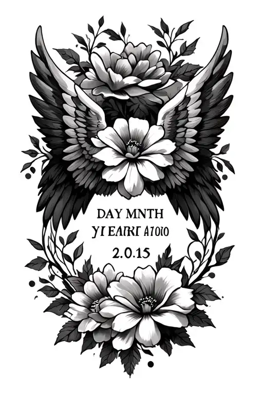 Wings With Flowers And Vines With A Day Month And Year Date