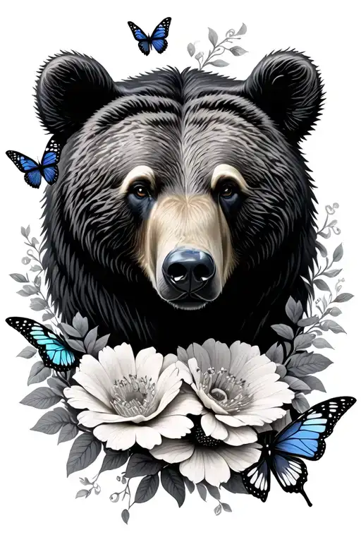Flowers And Butterflies Around A Bear Head Surrounded