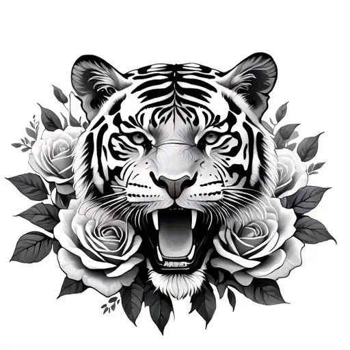 Tiger Surrounded By Roses