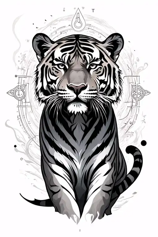 Tiger Fullbody Surrounded By Flow Diagram With Mystical Symbols
