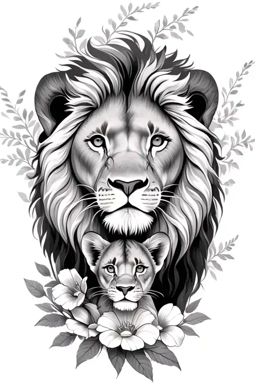 Lion And Her Cub Flowers Around Them