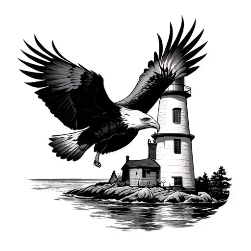 Eagle Flying Over A Light House