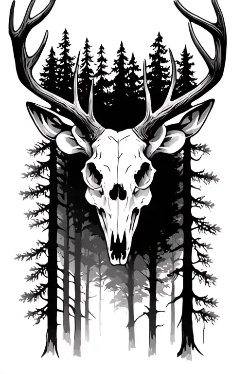 Whitetail Deer Skull Surrounded By Trees