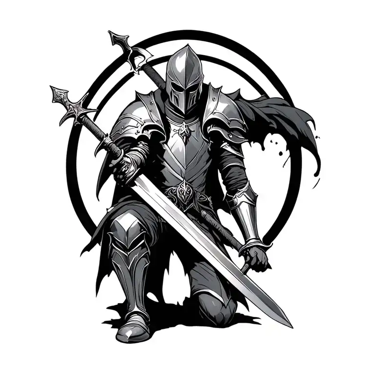 Gothic Knight Kneeling Holding Sword