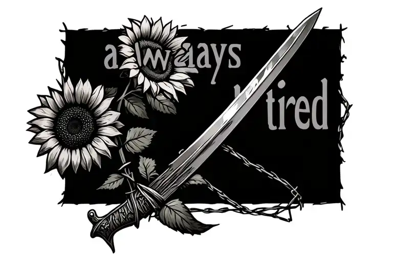 A Longsword Wrapped By Barbwire With A Sunflower On Top With The Text ''Always Tired''