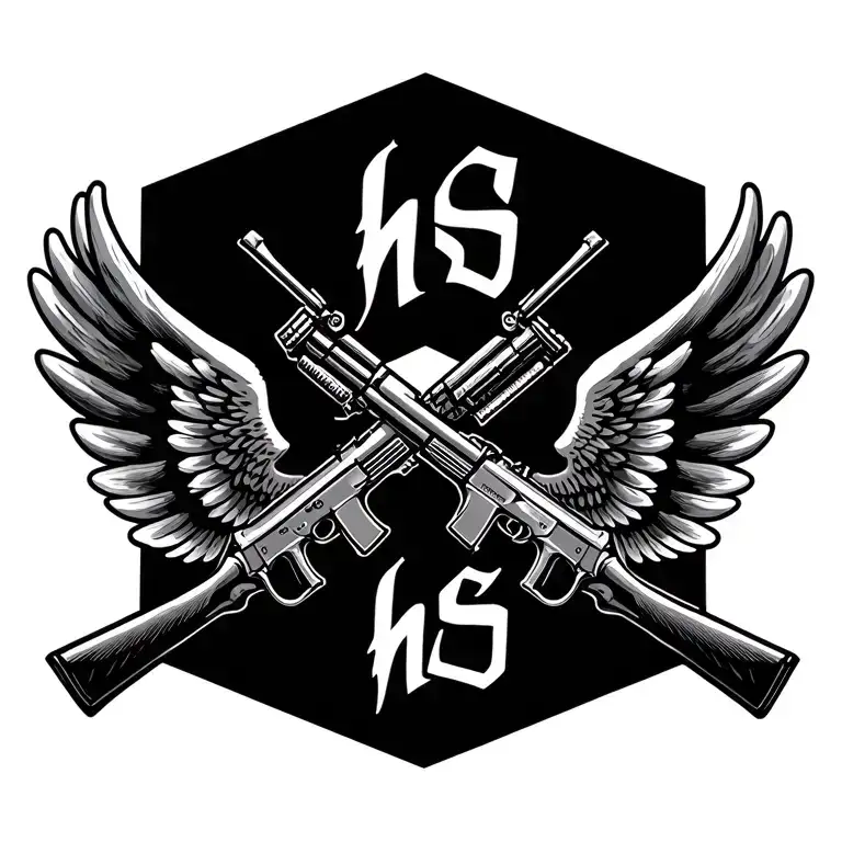 Two Crossed Ak47 With Wings On The Side And Hs Wrote Below With A Gang Style Font