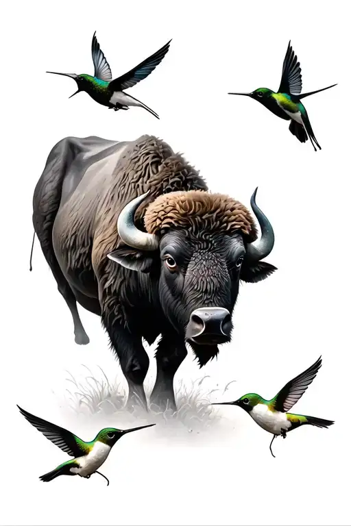Buffalo With Three Hummingbirds Flying