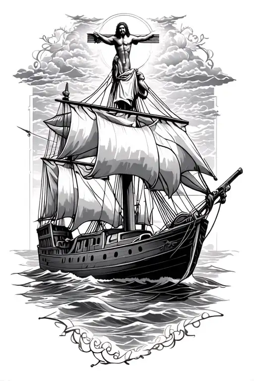 A Well Detailed Fisherman Ship With Jesus Above The Ship