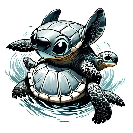 Stitch With 3 Small Turtles And 1 Big Turtle Swimming