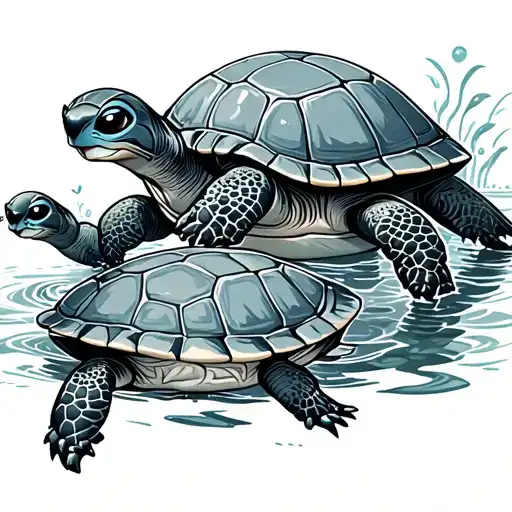 Stitch Protecting 3 Small Turtles And 1 Big Turtle Swimming