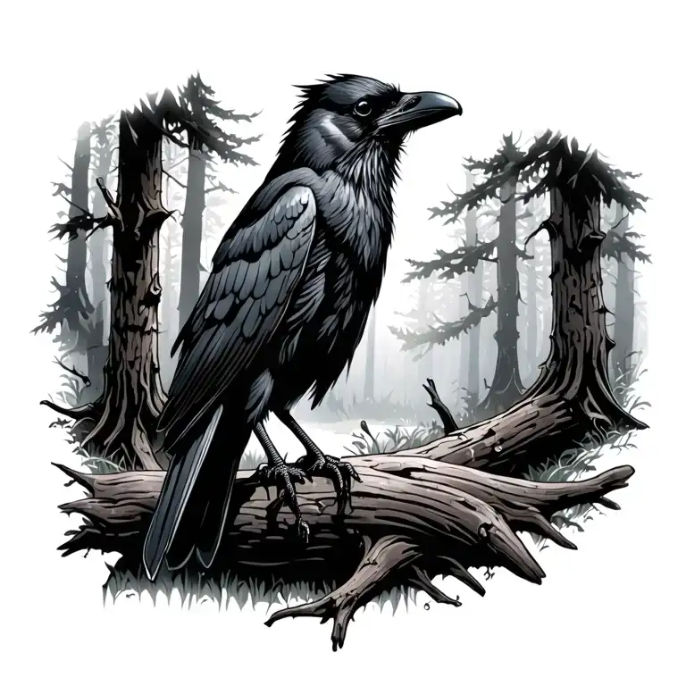 Raven In The Woods At Night Scene
