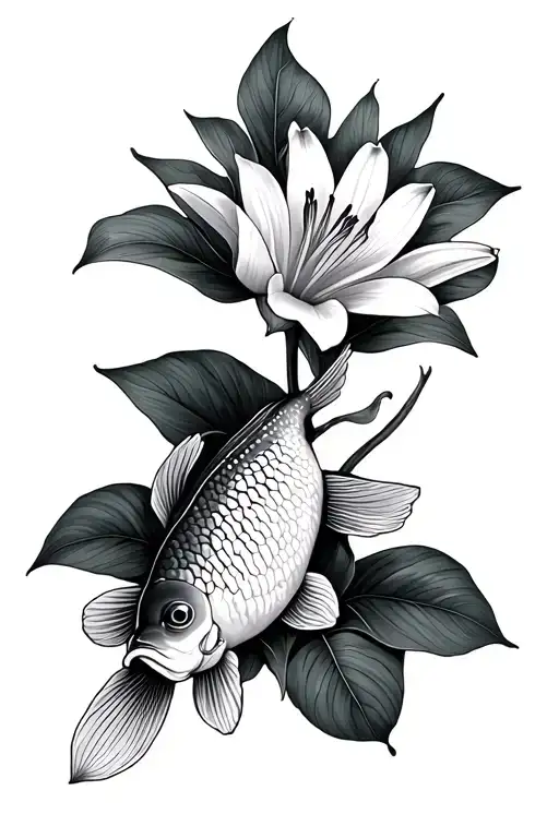 Lilies With Leaves And Carp