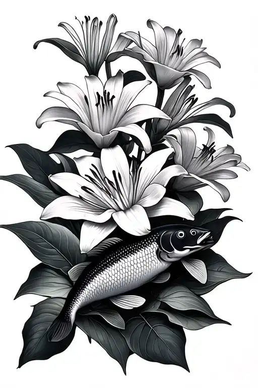 Many Lilies With Leaves And Carp Gracefully Leaning