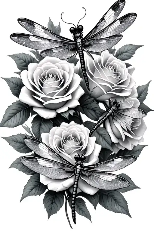 Dragonflys With All Types Of Roses Blooming