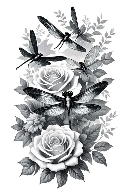 Four Dragonflys With All Types Of Roses Blooming
