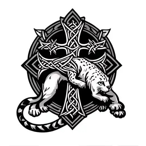 A Celtic Cross With 1 Cougar Body Wrapped Around The Outside
