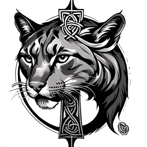 A Celtic Cross With 1 Cougar Wrapped Around The Outside