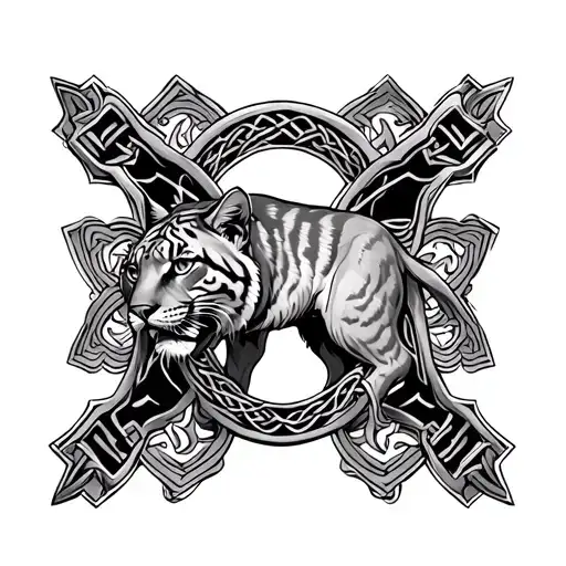 A Celtic Cross With Full Cougar Wrapped Around The Outside The Middle Of Cross