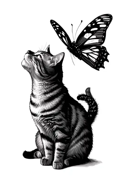 Cat Sitting Silhouette Looking Up At Butterfly Resting