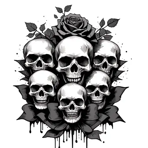 Multiple Decayed Skulls Around Bloody Rose With Ribbon