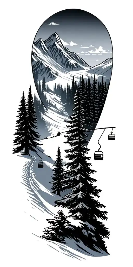 Ski Slope With Mountains And Trees And Ski Lift Going Up The Mountian